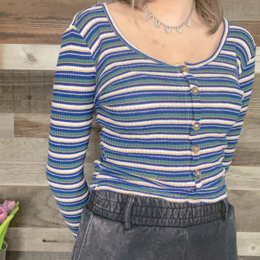 Blue and Green Striped Crop Top